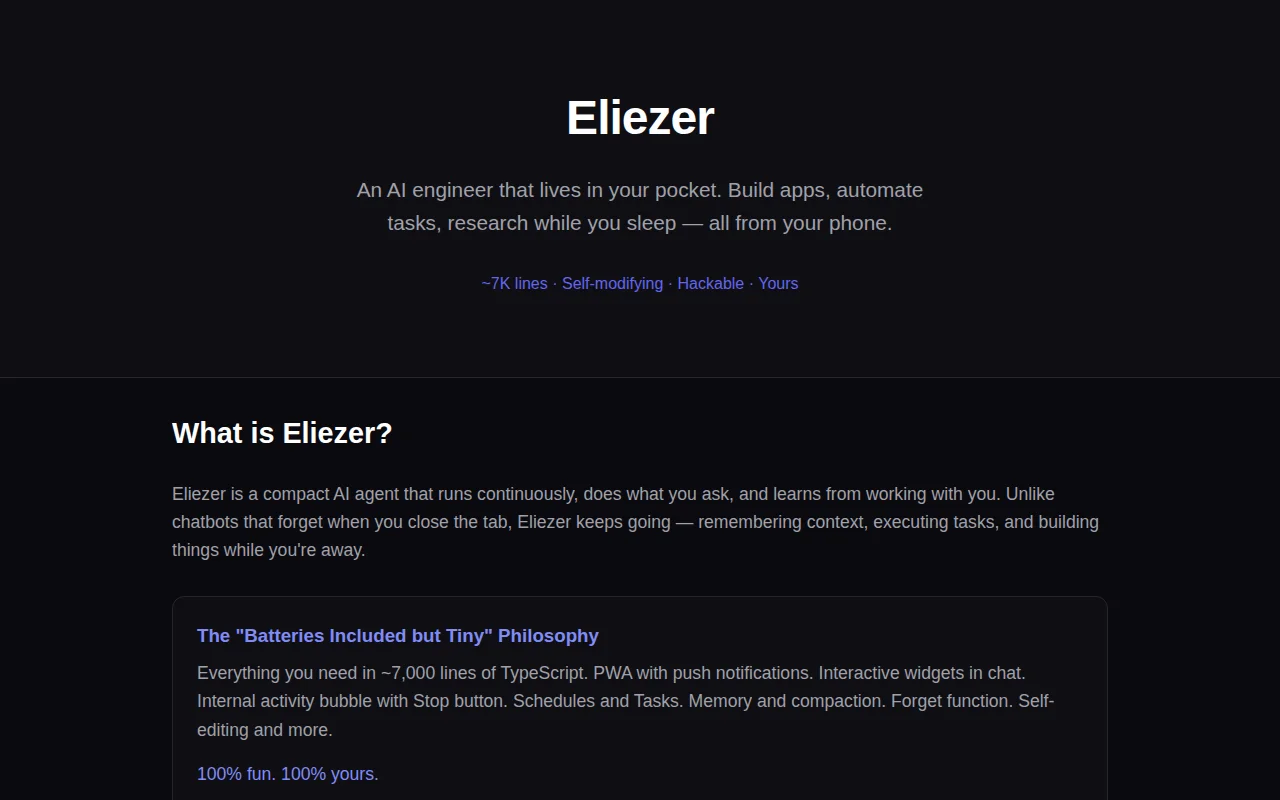 Eliezer – Tiny (~7K LOC) Self-Hosted AI Agent (PWA, Self-Editing)