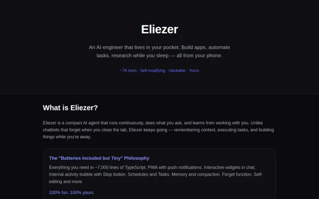 Eliezer – Tiny (~7K LOC) Self-Hosted AI Agent (PWA, Self-Editing)