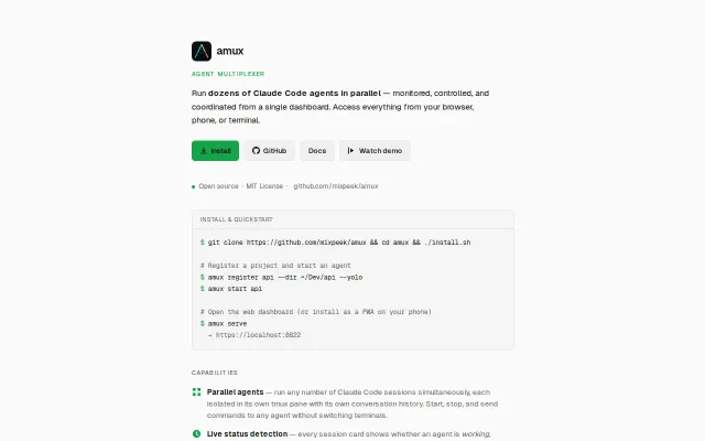 Amux – A tmux-based multiplexer for running parallel Claude Code agents