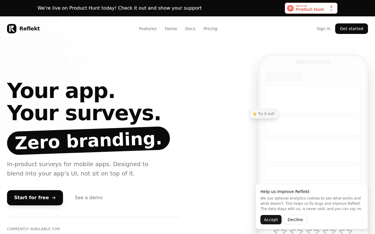 Reflekt – free, unbranded in-app surveys for mobile apps