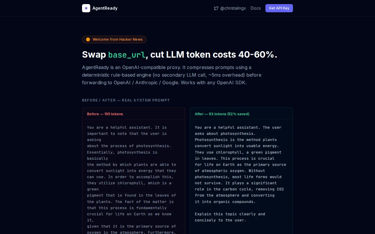 AgentReady – Drop-in proxy that cuts LLM token costs 40-60%