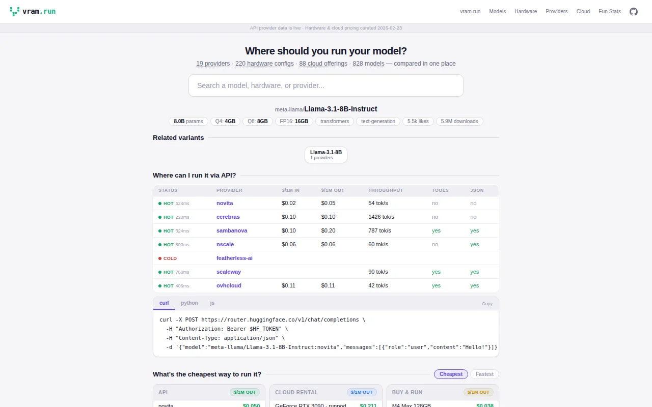 Vram.run – Compare API providers, local GPUs, and cloud for any model