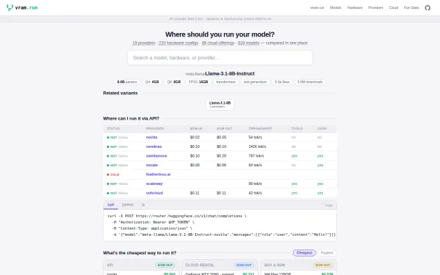 Vram.run – Compare API providers, local GPUs, and cloud for any model