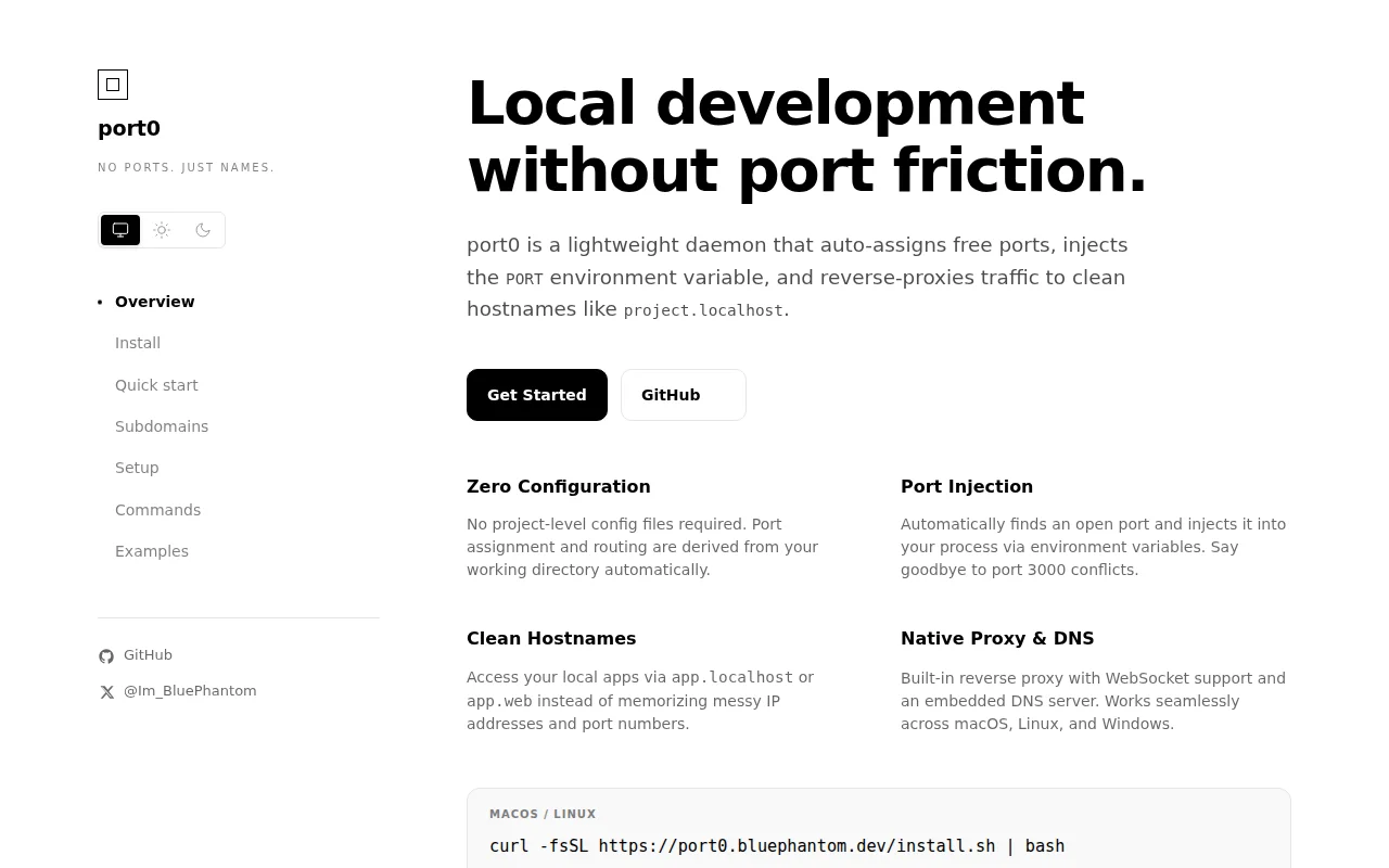 Port0 – dev servers by name, not port (Go)