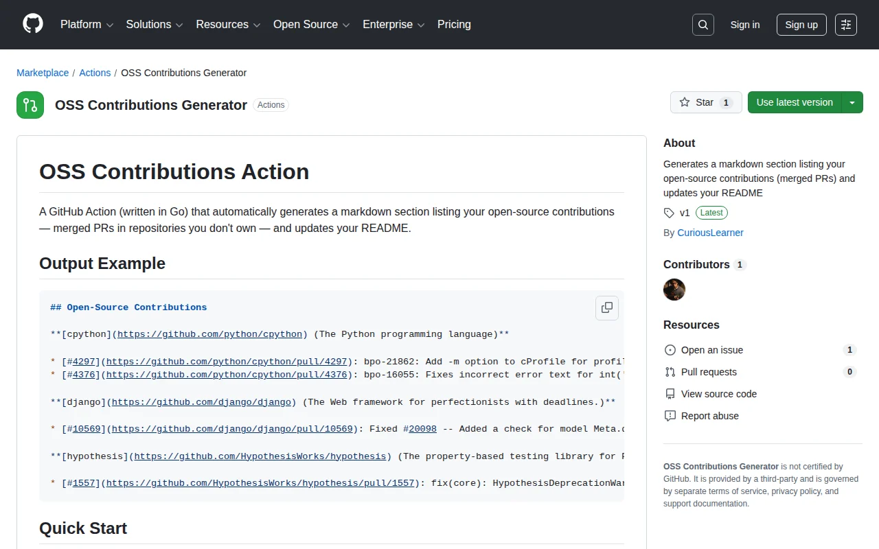 GitHub Action to list merged OSS PRs in your README