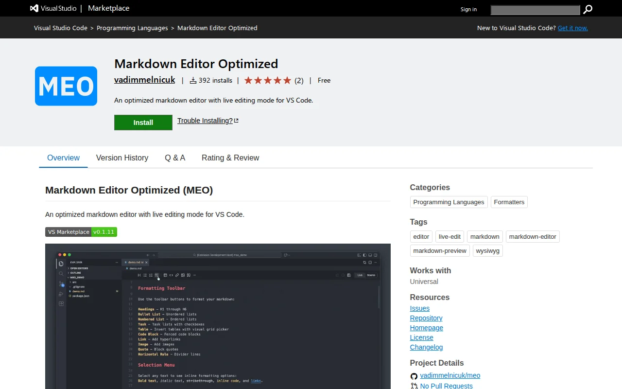 MEO – Markdown Editor Optimized for VS Code and Cursor