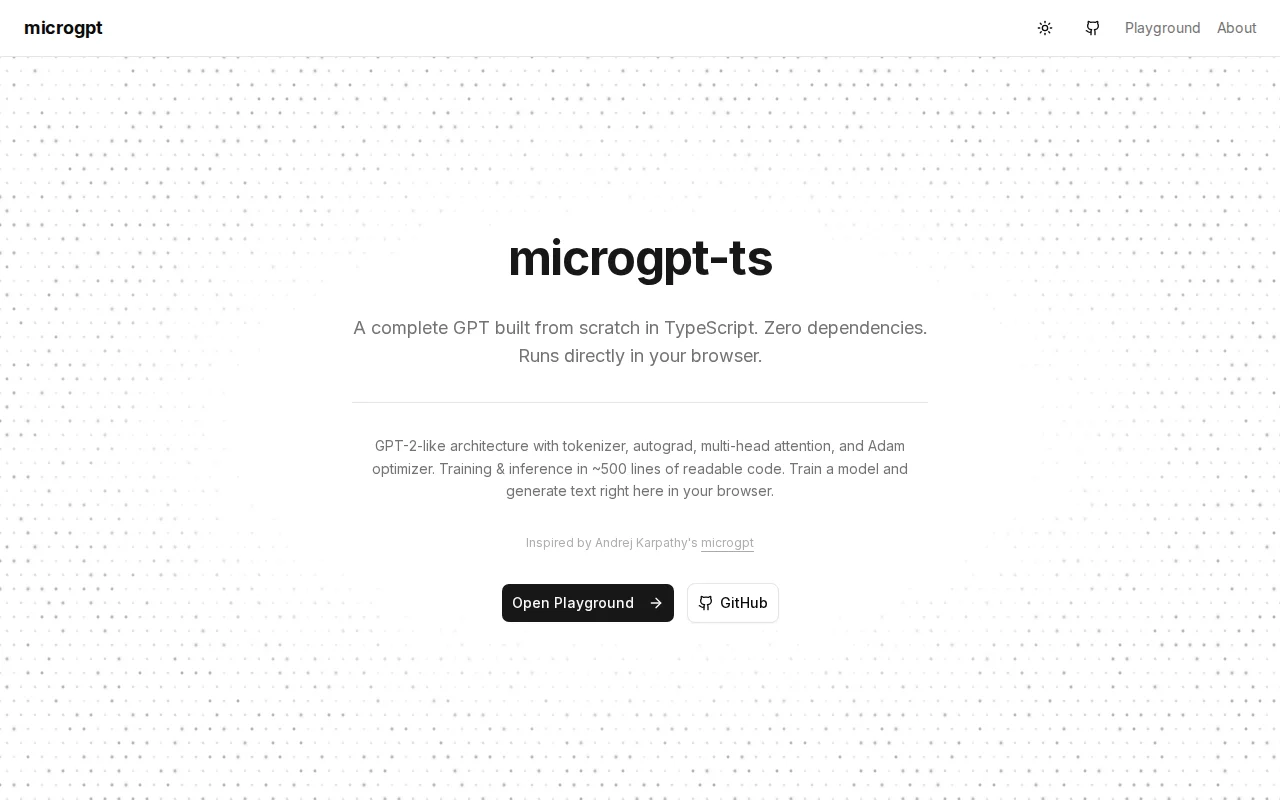Microgpt-ts – Full GPT in 500 lines of TypeScript, zero dependencies