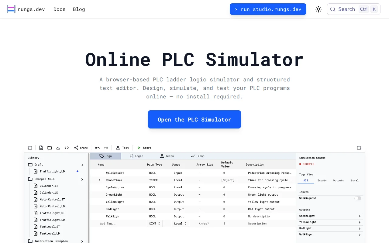Rungs.dev – IDE for PLC AOIs with Structured Text and Ladder Logic