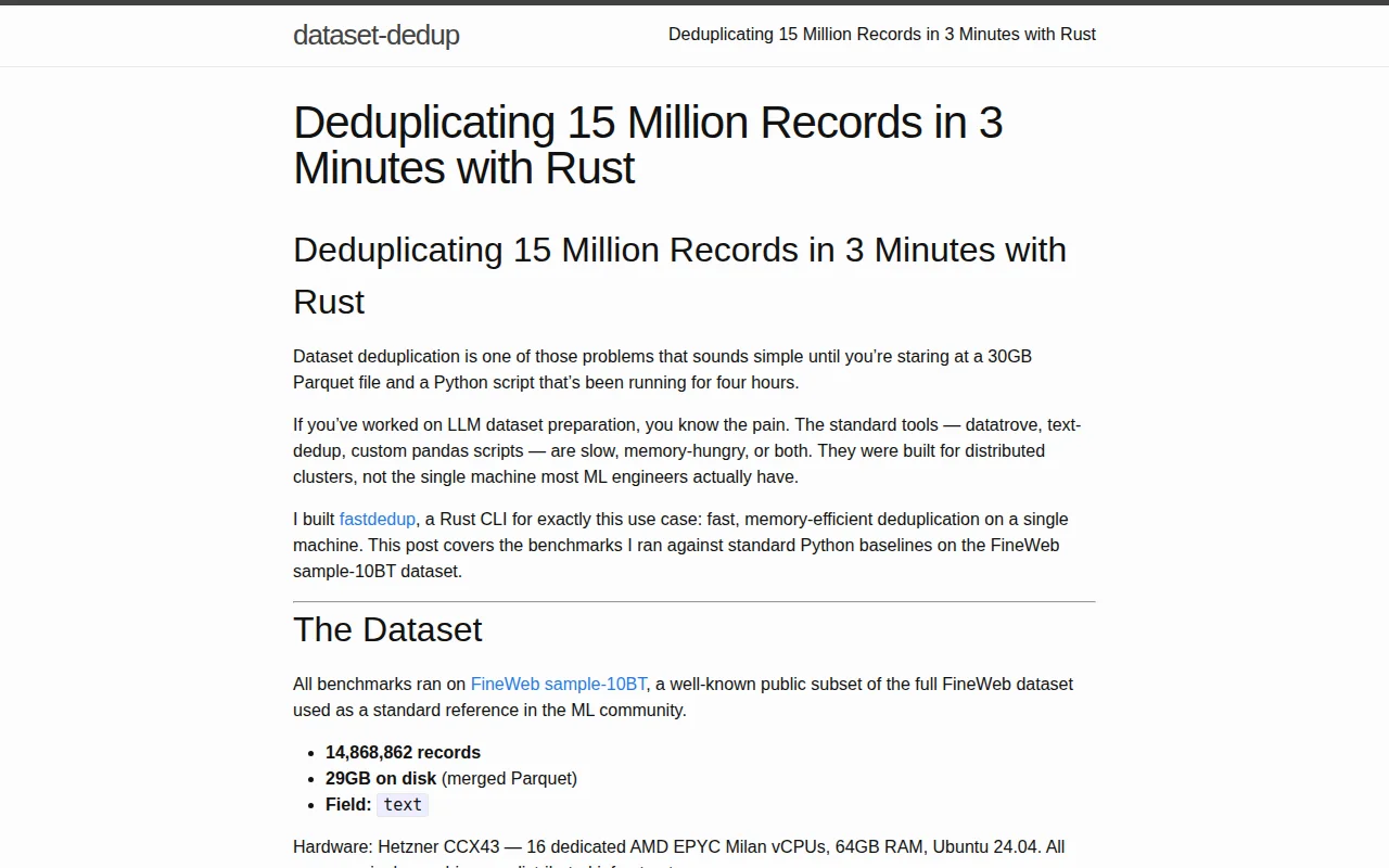 Fastdedup – Rust dataset deduplication (2:55 vs. 7:55 688MB vs. 22GB)