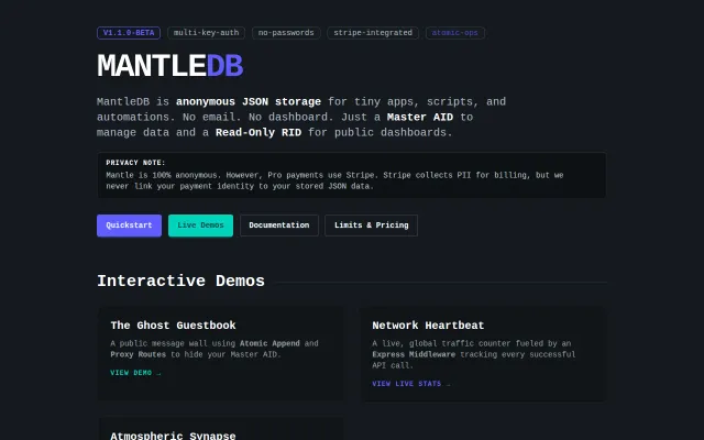 MantleDB – Anonymous JSON storage for your side projects
