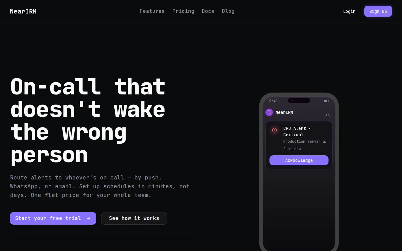 NearIRM – On-call alert routing, $29/mo flat for your whole team