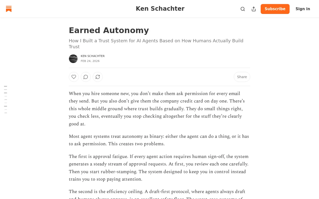 An "earned autonomy" architecture for AI agents using Subjective Logic