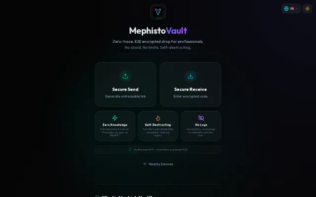 MephistoVault – Zero-storage P2P file transfer via WebRTC
