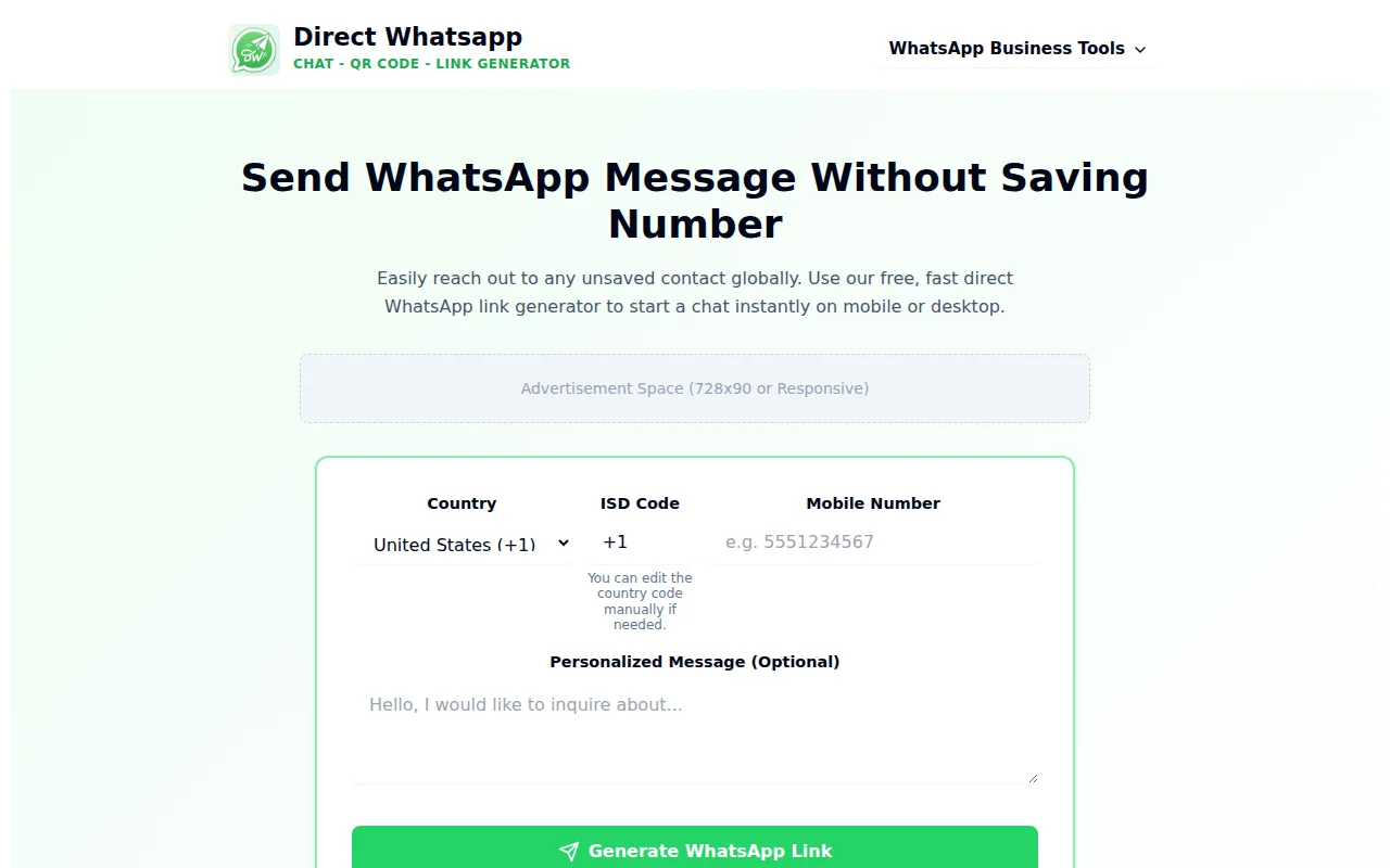 A free web utility to send WhatsApp messages without saving numbers