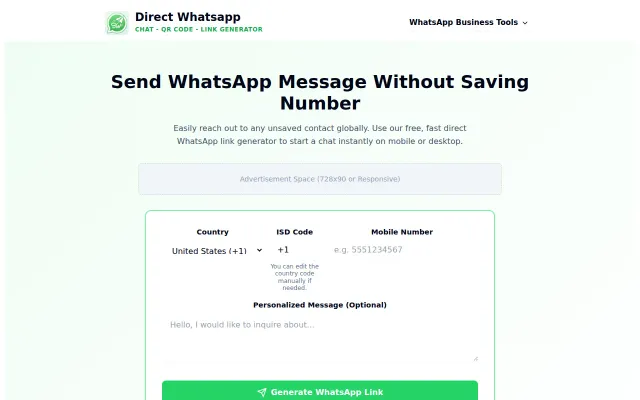 A free web utility to send WhatsApp messages without saving numbers