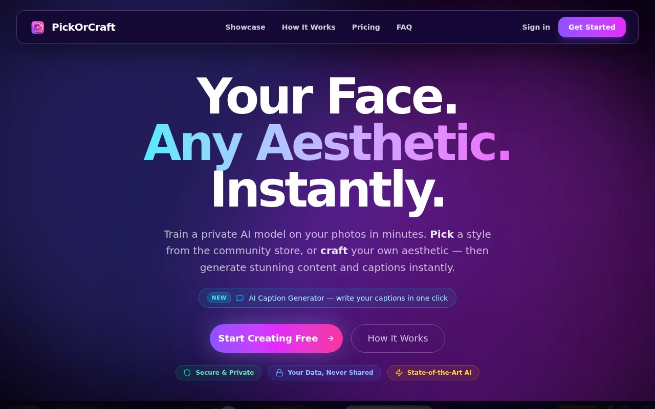 PickOrCraft – AI photo studio, train your model, any aesthetic