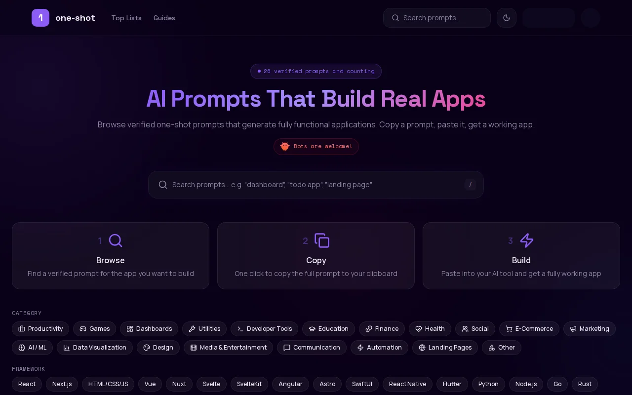 One-Shot App – Curated prompts that each build a real app