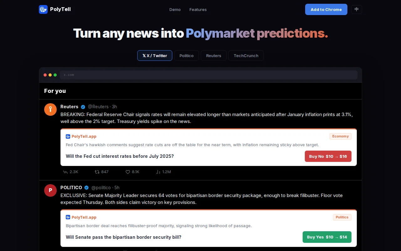 PolyTell-AI Chrome extension that shows Polymarket odds as you browse
