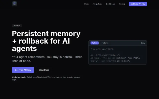 Novyx – Memory API for AI agents (rollback, replay, semantic search)