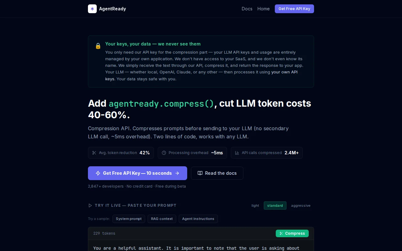 Compression API for LLM prompts (40-60% token savings, ~5ms overhead)