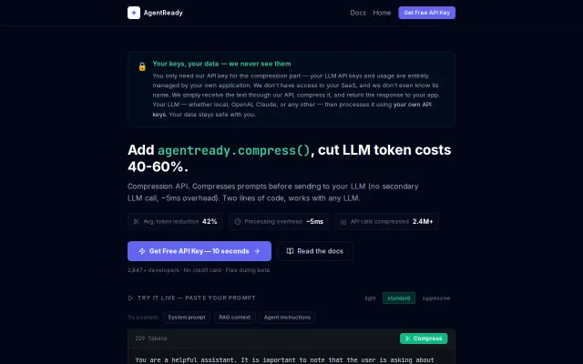 Compression API for LLM prompts (40-60% token savings, ~5ms overhead)