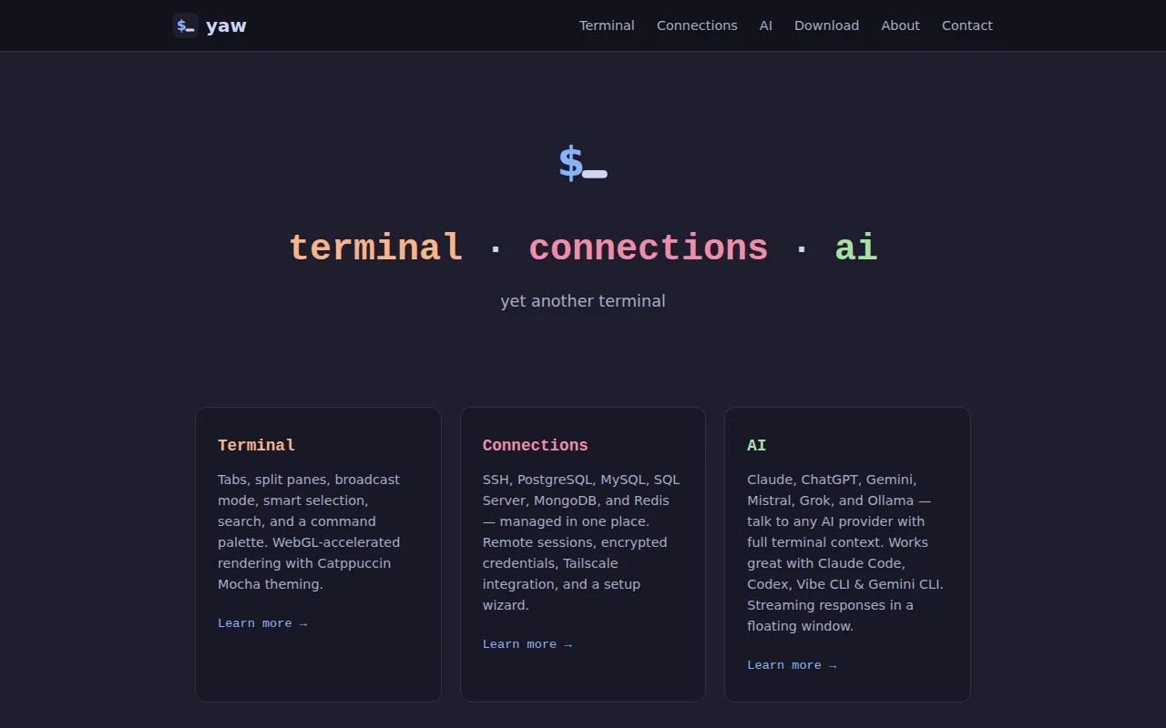 Yaw: terminal, SSH/database connections, AI Chat and optimized AI CLI