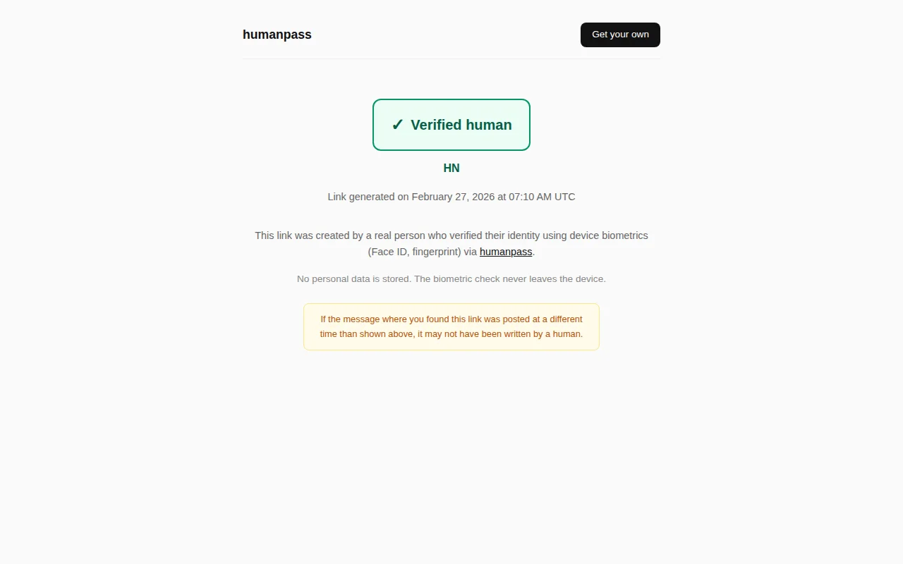 Humanpass – Proof of humanness using WebAuthn, no data collected