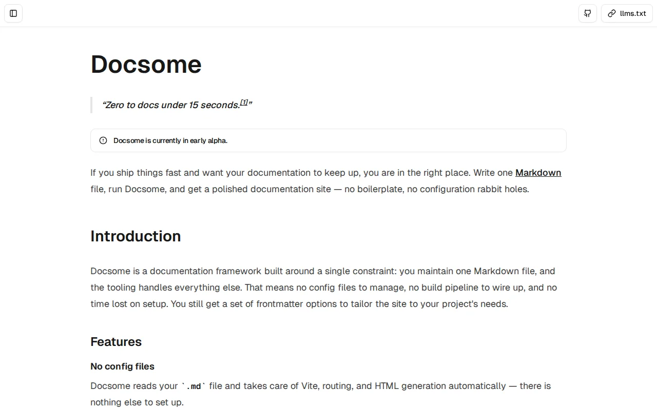 Docsome – Single Markdown file to featured static documentation