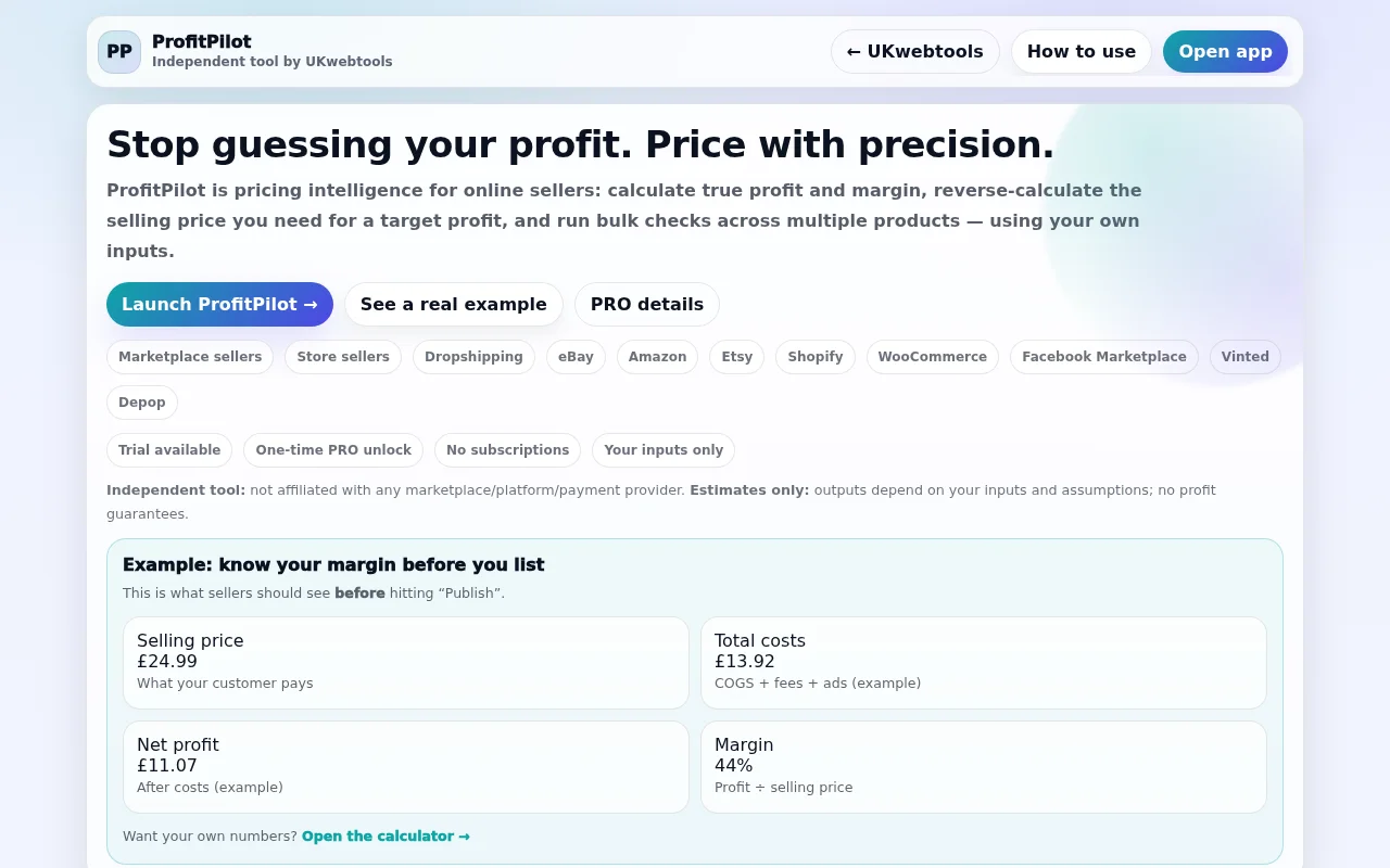 Pricing calculator for marketplace sellers (Amazon, Etsy, eBay)