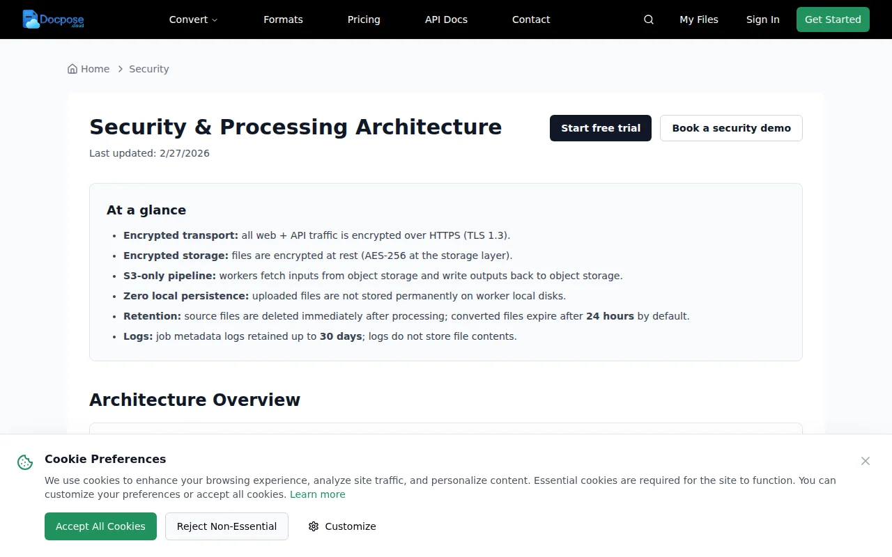 Cloud file conversion security model (S3-only, 24h retention)