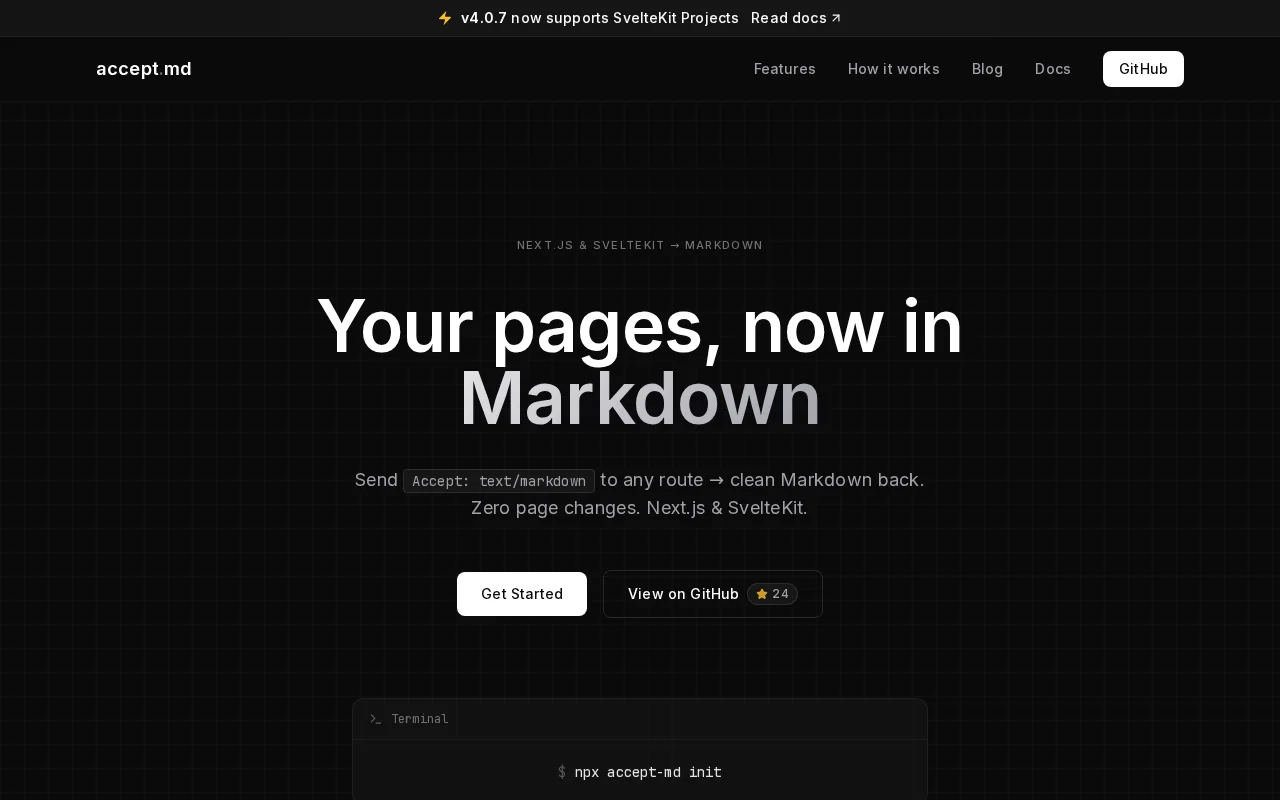 Accept.md now supports SvelteKit – return Markdown from any page