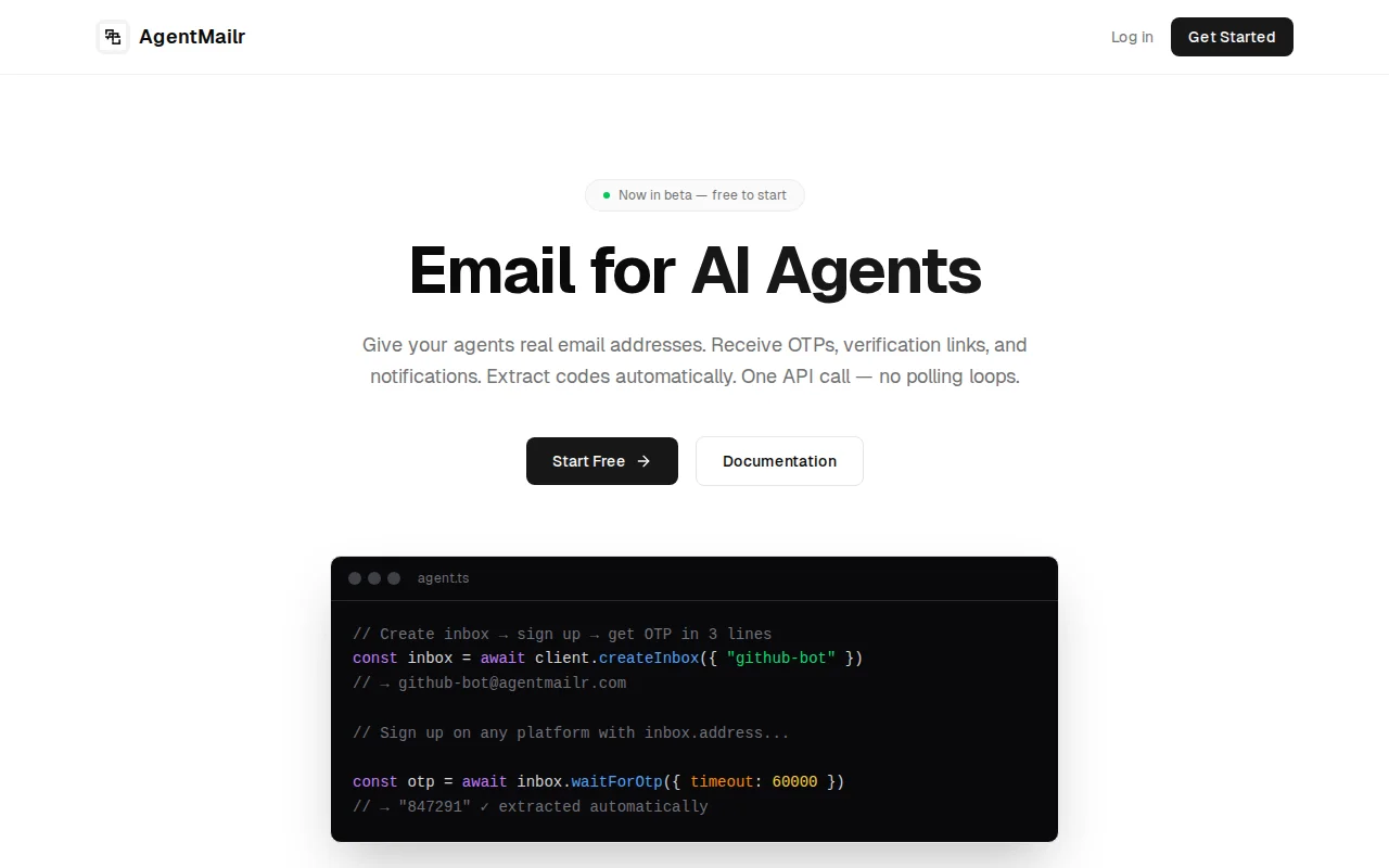 AgentMailr – Real email addresses for AI agents (OTP/2FA handling)