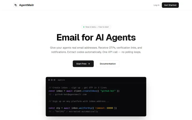 AgentMailr – Real email addresses for AI agents (OTP/2FA handling)