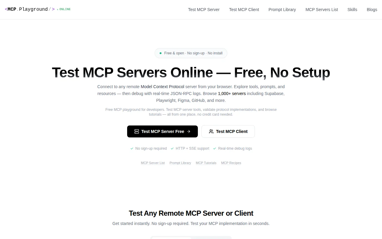 MCP Playground – free MCP test servers, inspector, and 10K+ server list