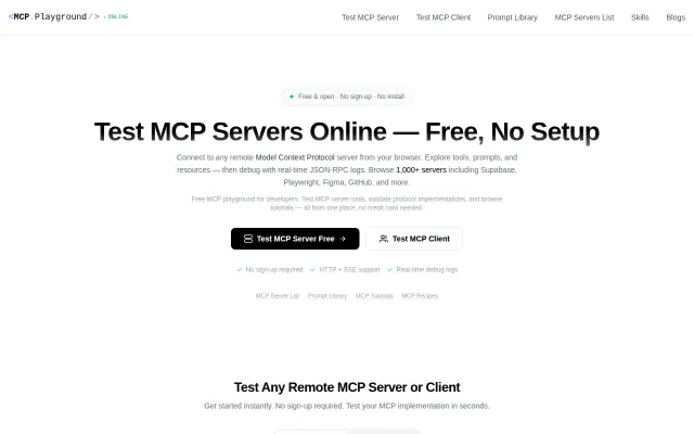 MCP Playground – free MCP test servers, inspector, and 10K+ server list