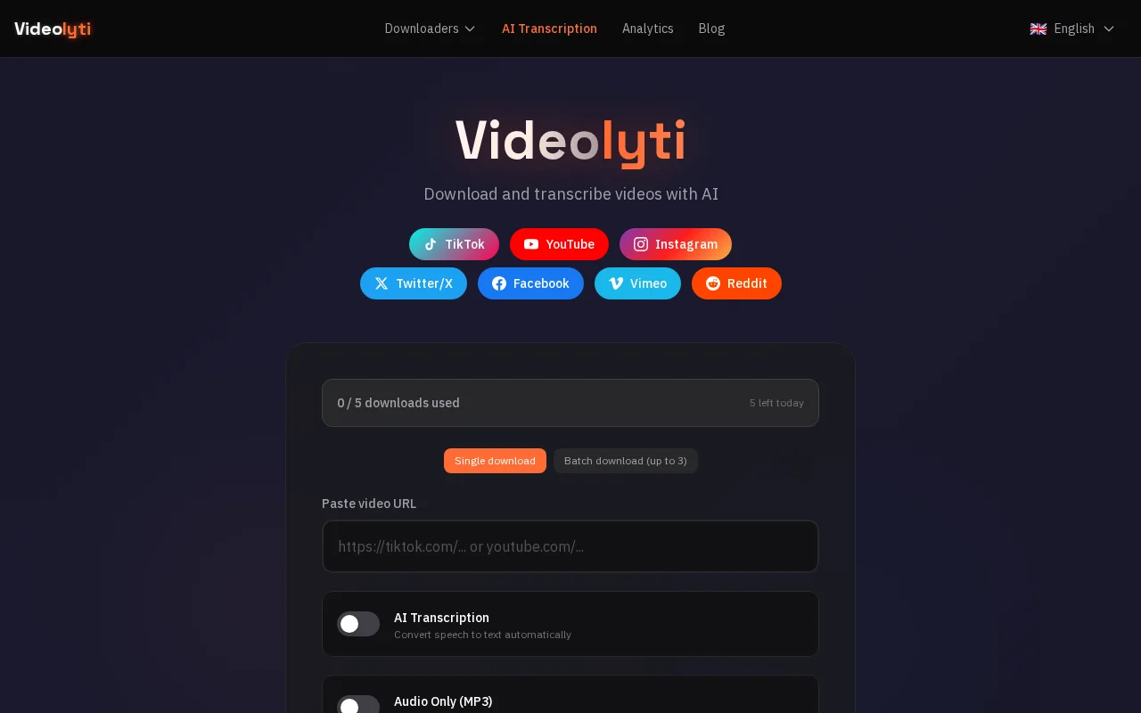 Videolyti – Free video downloader with built-in AI transcription