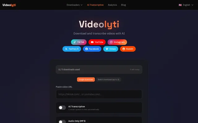 Videolyti – Free video downloader with built-in AI transcription