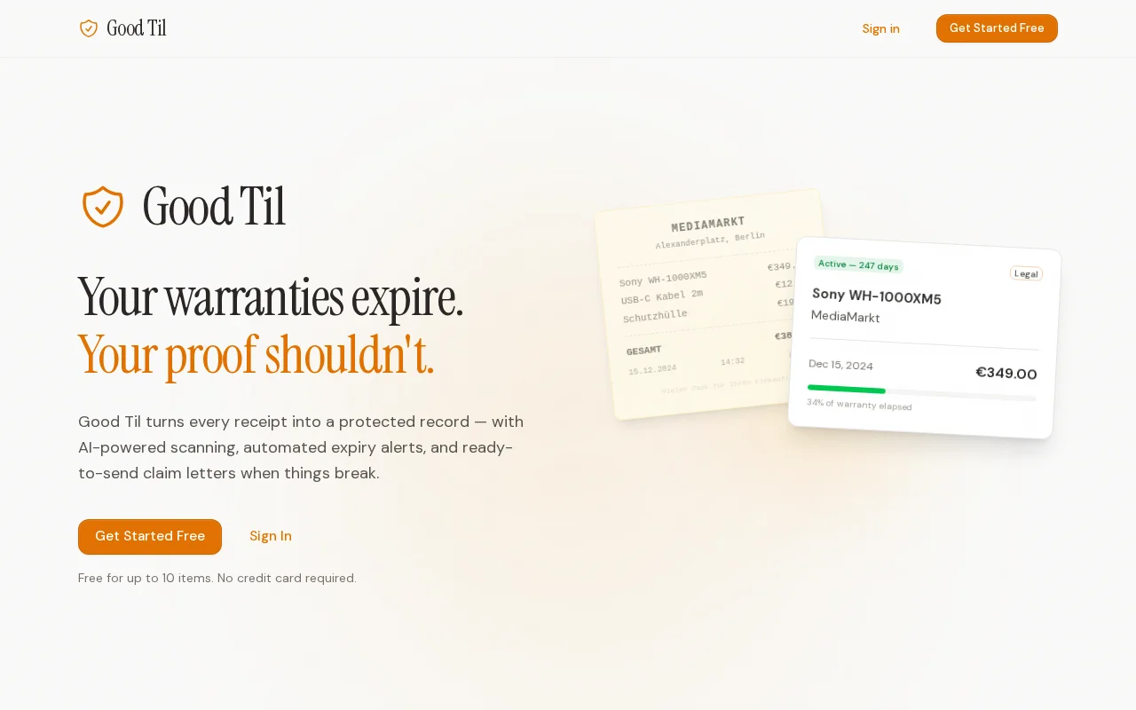 Good Til – Track warranties, scan receipts with AI, get claim letters