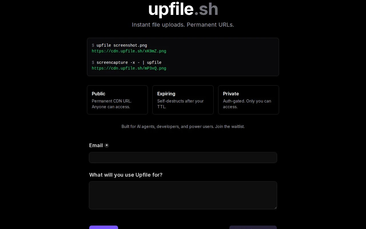 Instant file upload and URL for AI agents