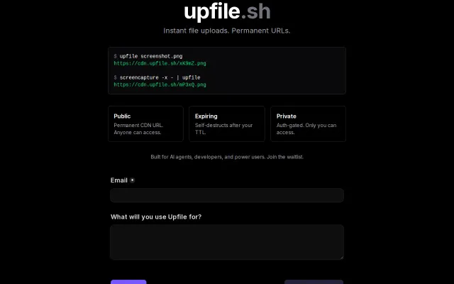 Instant file upload and URL for AI agents