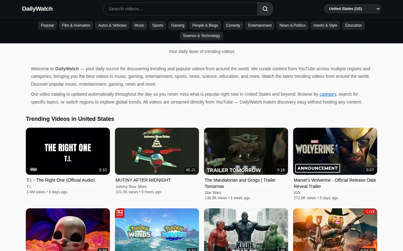 DailyWatch – Free video discovery across 8 regions