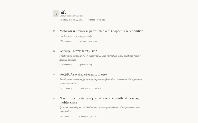 Sift – 10-12 HN discussions daily, ranked by practitioner depth