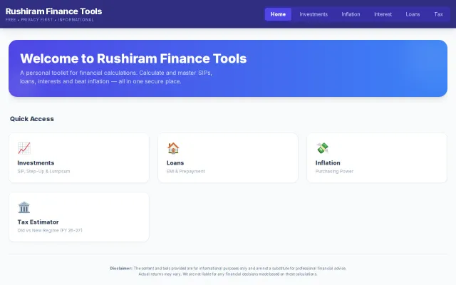 Rushiram Finance – Privacy-first, client-side financial calculators
