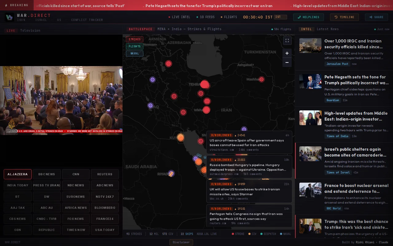 War.direct – Real-time conflict intelligence dashboard for the Iran war
