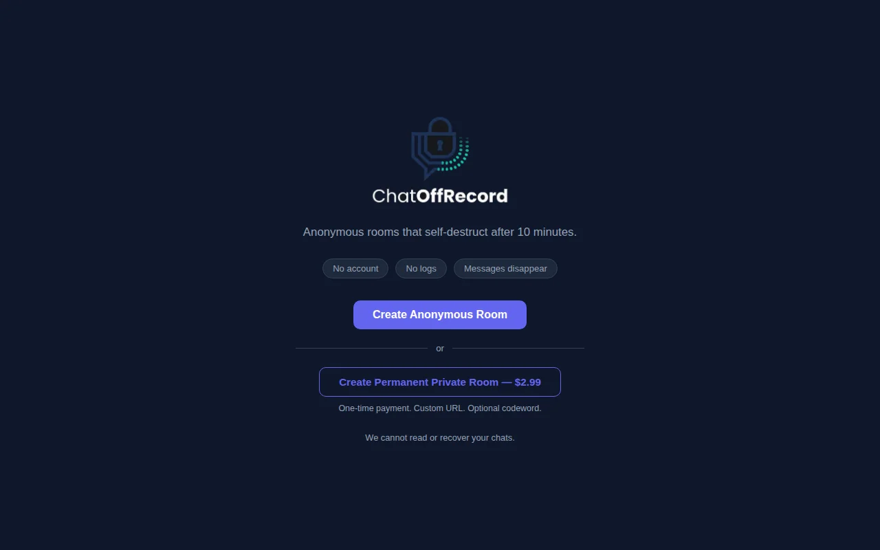 ChatOffRecord – Anonymous chatrooms that self-destruct in 10 minutes