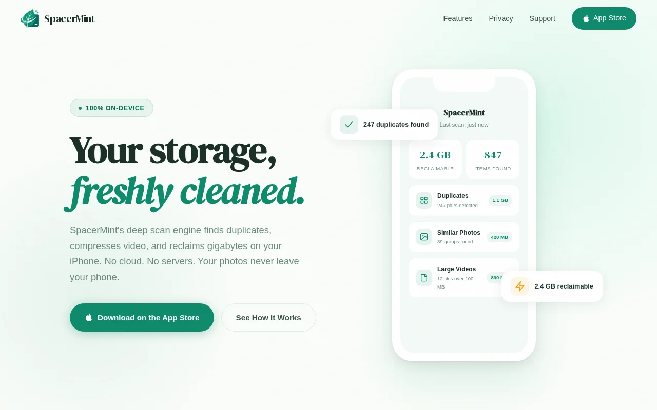 SpacerMint – iPhone storage cleanup that never touches the cloud