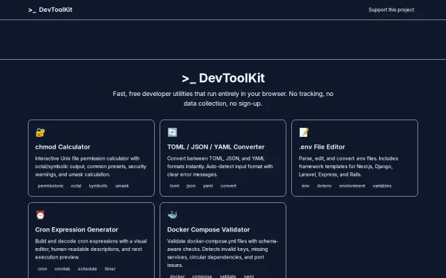 DevToolKit – Free, Client-Side Dev Tools (Chmod, Cron, Docker Compose)