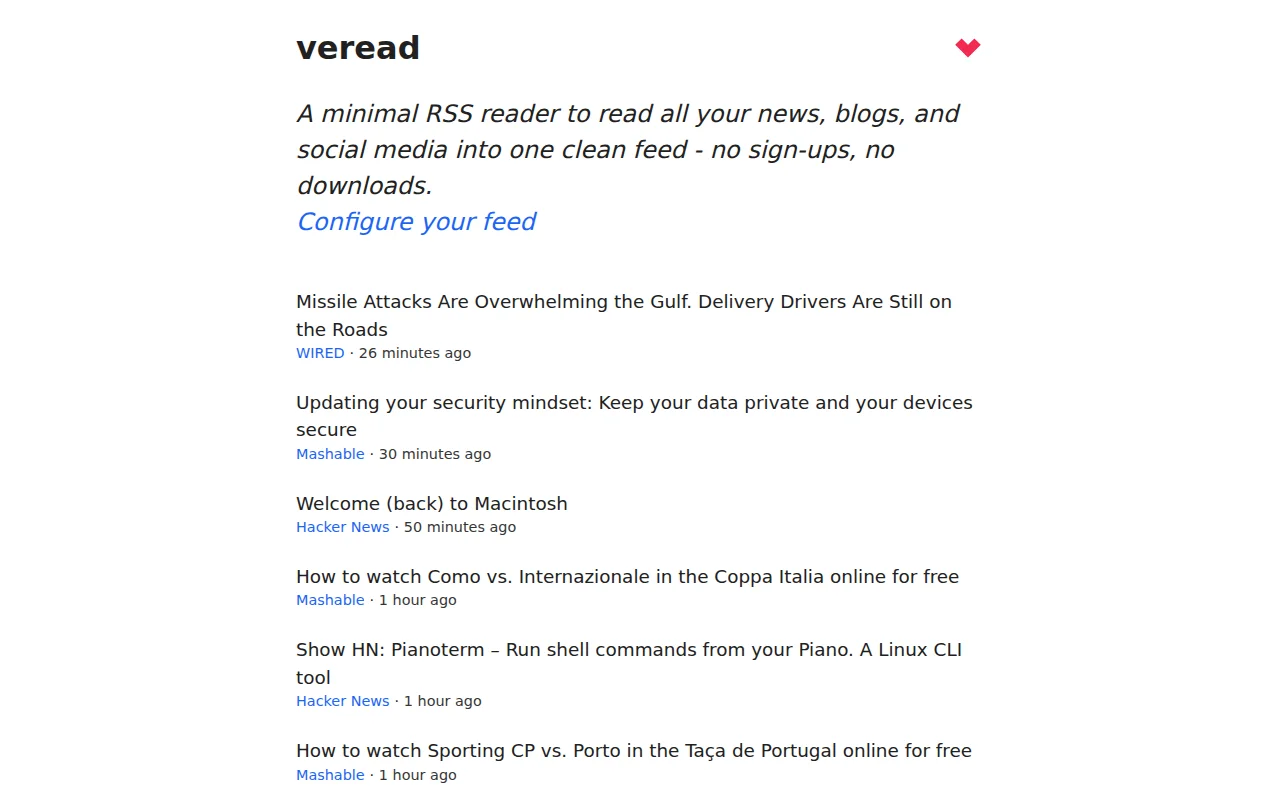 Veread – A minimal RSS reader for web. No sign ups. No downloads
