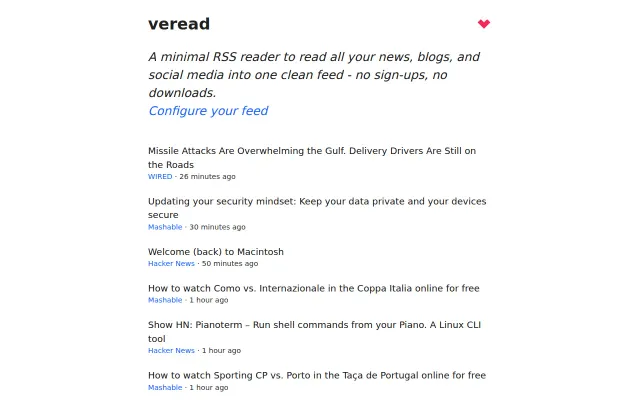 Veread – A minimal RSS reader for web. No sign ups. No downloads