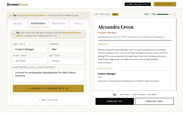 ResumeForge – Free AI resume builder with real-time ATS scoring